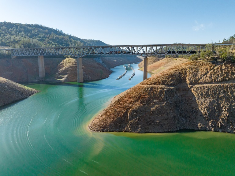 Low water conditions at West Branch Feather River Bridge along Highway 70 at Lake Oroville in Butte County, California. 