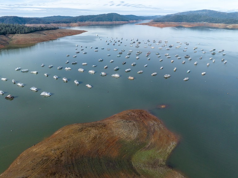 A drone view of low water conditions at the Bidwell Canyon Marina located at Lake Oroville in Butte County, California. On this date, the water storage was 1,790,095 acre-feet (AF), 51 percent of the total capacity. Photo taken January 12, 2022. 