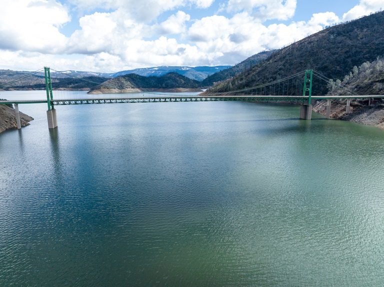 A drone view of water levels at the Bidwell Bar Bridge located at Lake Oroville in Butte County, California. Photo taken March 8, 2023.