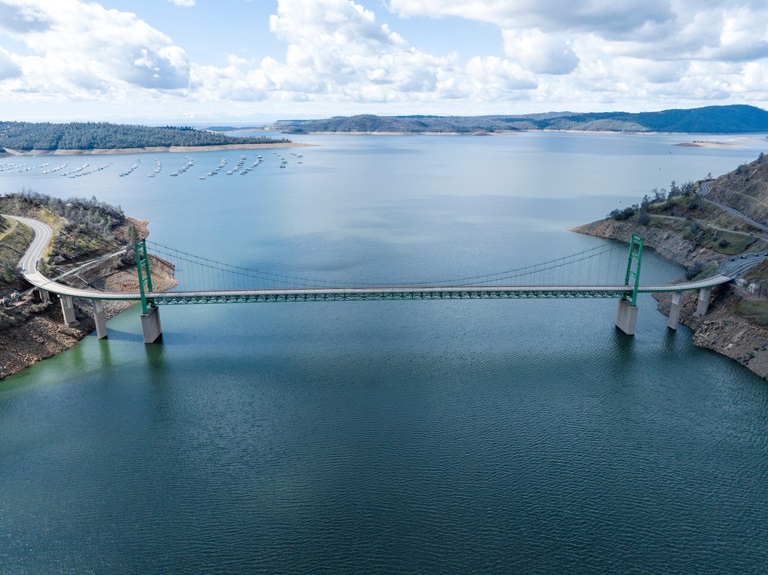 A drone view of water levels at the Bidwell Bar Bridge located at Lake Oroville in Butte County. Photo taken March 8, 2023.