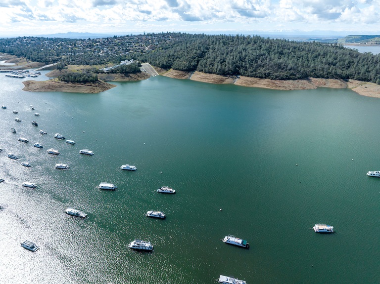 A drone view of water levels at the Bidwell Canyon Boat Ramp located at Lake Oroville in Butte County, California. Photo taken March 8, 2023.