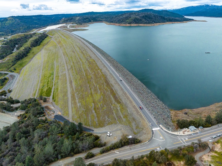 A drone view of water levels at the Oroville Dam located at Lake Oroville in Butte County, California. Photo taken March 8, 2023.