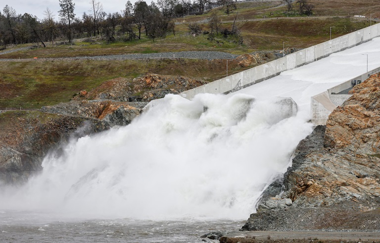 Water flows from the Lake Oroville main spillway on March 10, 2023.