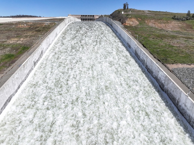A drone provides an aerial view of the Lake Oroville Main Spillway on March 17, 2023.