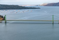 An aerial view shows high water conditions at the Bidwell Bar Bridge located at Lake Oroville in Butte County, California. Photo taken June 12, 2023.