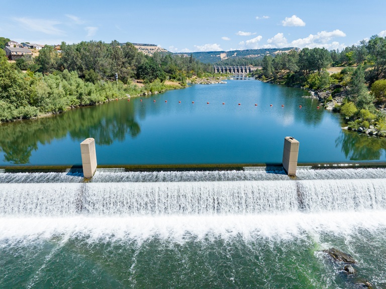 An aerial view of high water conditions at the Feather River Fish Barrier Dam and Thermalito Diversion Dam in Oroville, California, located in Butte County. Photo taken June 20, 2023.