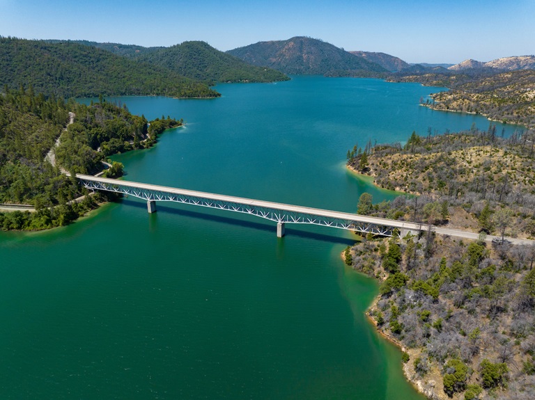 An aerial view shows high water conditions at Enterprise Bridge on Lake Oroville in Butte County, California. Photo taken July 3, 2023.