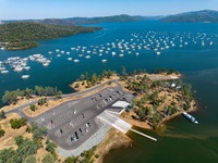 An aerial view shows high water conditions at Loafer Point Stage 2 Boat Ramp on Lake Oroville in Butte County, California. Photo taken July 3, 2023.