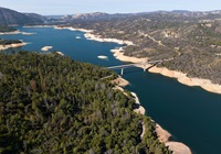 A drone image of water levels at West Branch Feather River Bridge along Highway 70 located at Lake Oroville in Butte County, California. On this date, the water storage was 73 percent of the total capacity. Photo taken October 2, 2023.