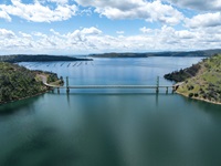 A drone view of water levels at Bidwell Bar Bridge at Lake Oroville in Butte County, California. Photo taken April 26, 2024.