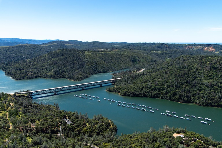 An aerial view shows high water conditions at West Branch Feather River Bridge located near the Lime Saddle Marina at Lake Oroville in Butte County, California. Photo taken May 9, 2024.