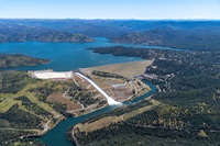 An aerial view shows high water conditions at Oroville Dam. Photo taken May 9, 2024.