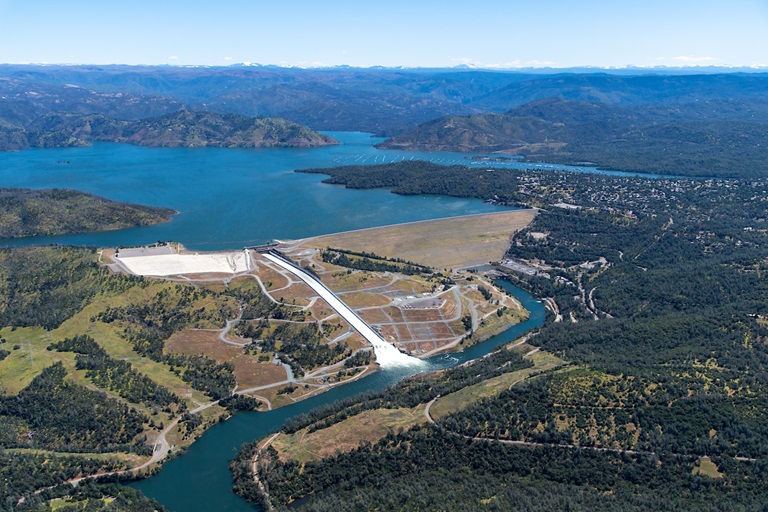 An aerial view shows high water conditions at Oroville Dam. Photo taken May 9, 2024.
