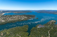 An aerial view shows high water conditions at Bidwell Canyon Marina located at Lake Oroville in Butte County, California. 