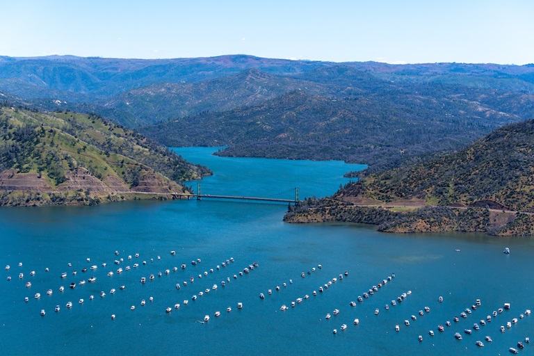 An aerial view shows high water conditions at the Bidwell Canyon Marina, Bidwell Bar Bridge can be seen in the background, located at Lake Oroville in Butte County, California. Photo taken May 9, 2024.
