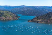 An aerial view shows high water conditions at the Bidwell Canyon Marina, Bidwell Bar Bridge can be seen in the background, located at Lake Oroville in Butte County, California. Photo taken May 9, 2024.