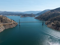 A drone view of Bidwell Bar Bridge  at Lake Oroville in Butte County, California.