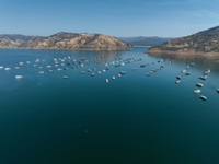 A drone view of Bidwell Canyon Marina at Lake Oroville in Butte County, California.