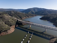 Feather River Bridge near the Lime Saddle Marina at Lake Oroville in Butte County, California. Photo taken January 8, 2026.   On this date, the water storage was 2,450,621 acre-feet (AF), 72 percent of the total capacity.