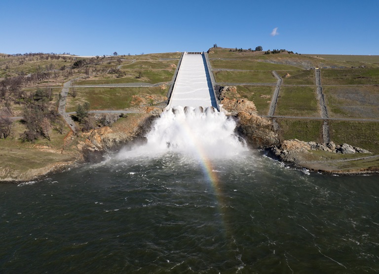 A drone view of Oroville Dam and main spillway at Lake Oroville in Butte County, California. Photo taken January 8, 2026. 