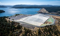 Aerial view of Lake Oroville and the reconstructed emergency spillway and spillway boat ramp access road.