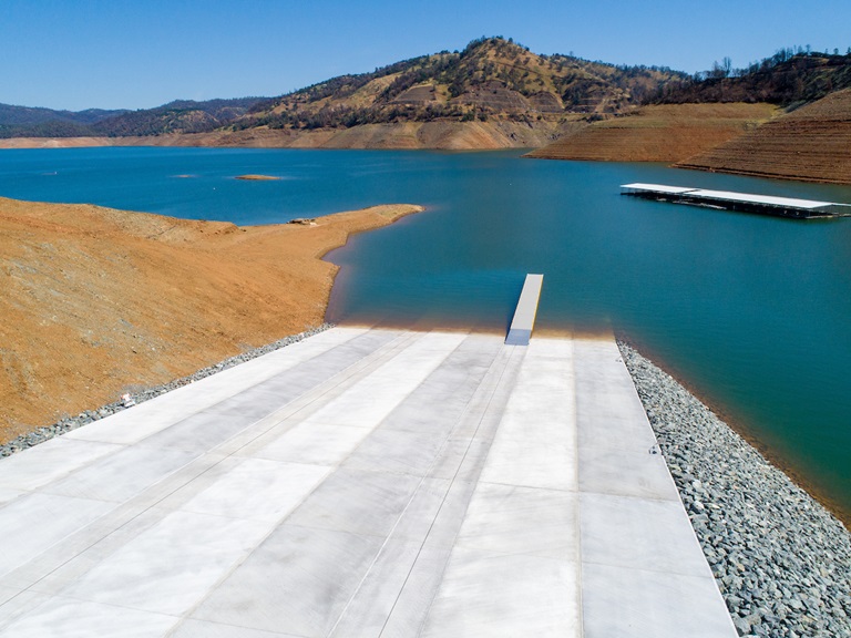 An aerial drone view of the new boat ramp facility at Loafer Point, located on the peninsula to the north of the Loafer Creek Day Use/picnic area at Lake Oroville,.