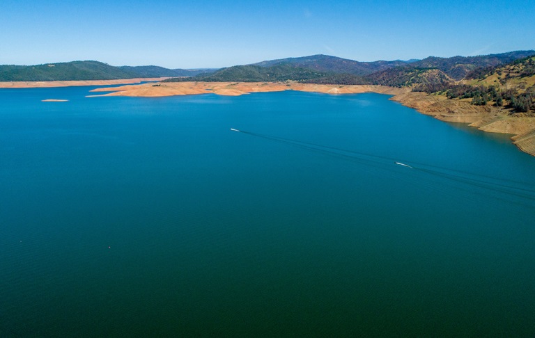 An aerial drone view showing Lake Oroville at an elevation of 728 feet, 42 percent of total capacity or 51 percent of average capacity for this time or year, on May 4, 2021 in Butte County.