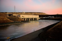 A morning sunrise over the Ronald B. Robie Thermalito Pumping-Generating Plant, located at the Thermalito Afterbay.