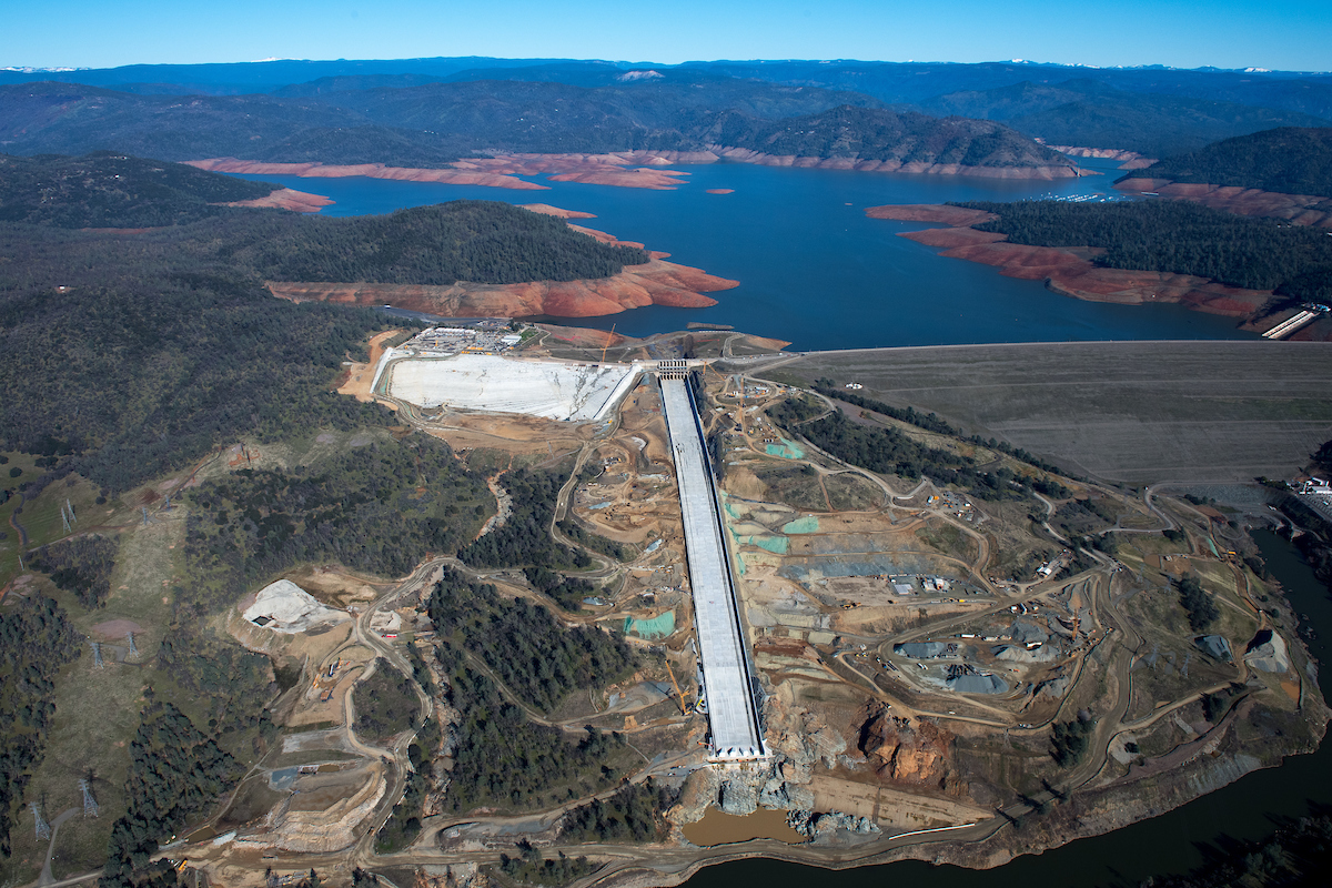 Aerial view of the recently completed Lake Oroville main spillway in January 2019..