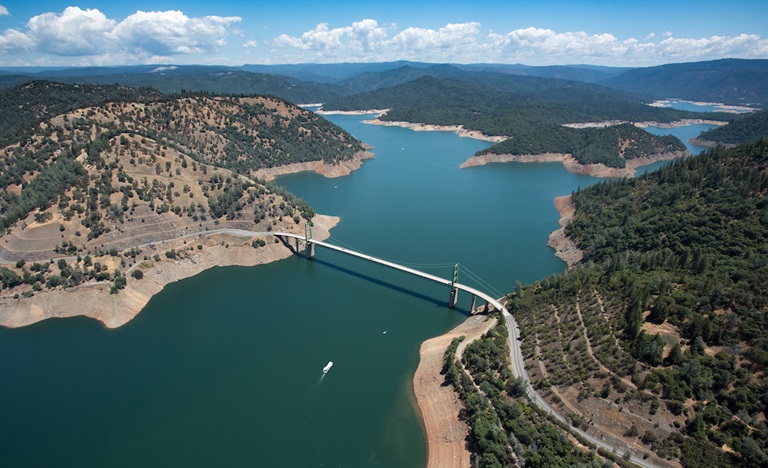 An aerial view of Bidwell Bar Bridge at Lake Oroville.