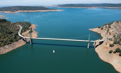 An aerial view of Bidwell Bar Bridge at Lake Oroville