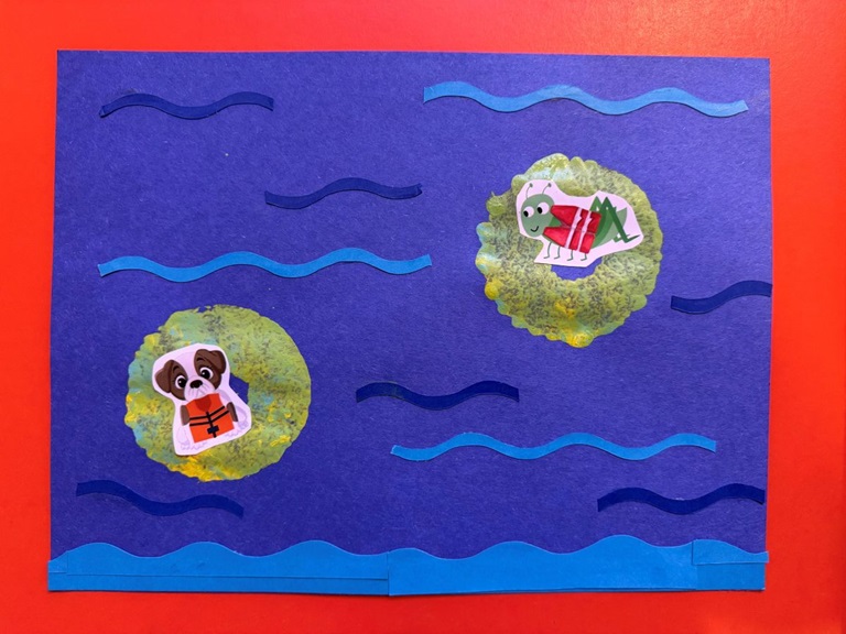 A craft activity features a dog and grasshopper wearing life vests floating down a river on inner tubes.