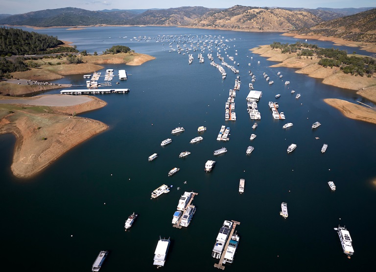 A drone view of water levels at the Bidwell Canyon Marina located at Lake Oroville. On this date, the water storage was 73 percent of the total capacity. Photo taken October 2, 2023.