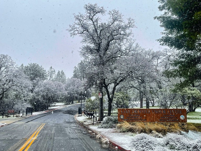 Snow pictured at the Lake Oroville Visitor Center on February 24, 2023.