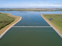 The completed Emergency Drought Salinity Barrier on the West False River near Oakley in the Sacramento-San Joaquin Delta in Contra Costa County, California. The 750-foot-wide rock barrier is in place to help deter the tidal push of saltwater from San Francisco Bay into the central Delta. Photo taken April 20, 2022.