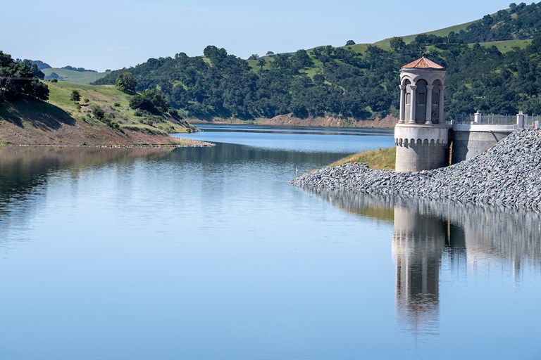 iew of the newly completed Calaveras Dam, towards the intake tower, near Milpitas.