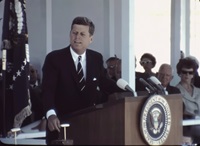 Video remaster still of John F. Kennedy speaking at groundbreaking of the San Luis Dam on August 18, 1962.