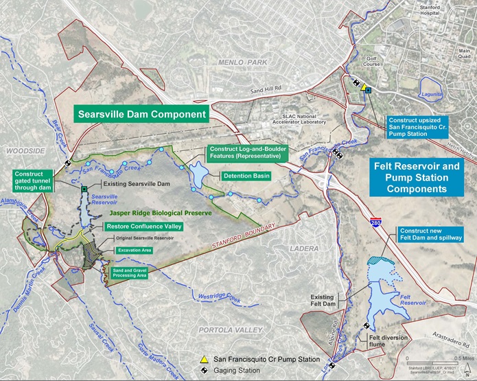 Figure 2 shows the main components of the Proposed Project, including constructing a gated tunnel through Searsville Dam, restoring upstream channels in the Tributary Delta, constructing log and boulder features in San Francisquito Creek, constructing a detention basin, expanding Stanford’s existing pump station on San Francisquito Creek, and constructing a new dam and spillway to expand Felt Reservoir.