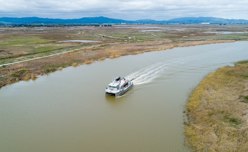 A drone view of the California Department of Water Resources' (DWR) research vessel, the Sentinel. 