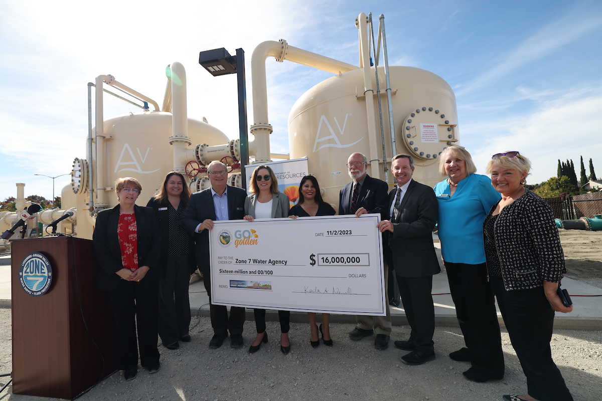 Representatives from DWR join Zone 7 Water Agency along with local officials to celebrate the completion of a new infrastructure project that will treat 6.6 million gallons of contaminated groundwater a day for communities in Pleasanton, Dublin and Livermore. Photo taken November 2, 2023.