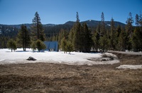 A 2021 snow survey season event is conducted at Phillips Station in the Sierra Nevada Mountains. The survey is held approximately 90 miles east of Sacramento off Highway 50 in El Dorado County.  Photo taken April 1, 2021.