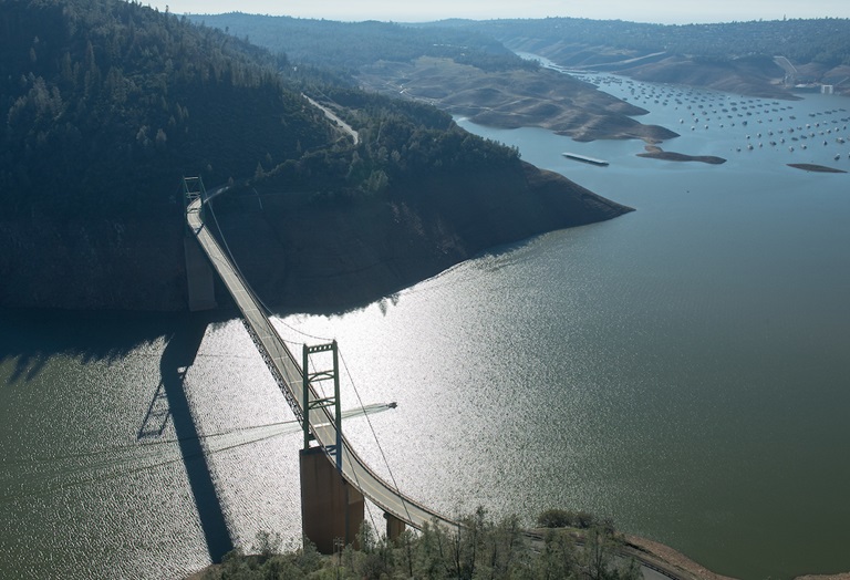 Aerial view of the Bidwell Bar Bridge.