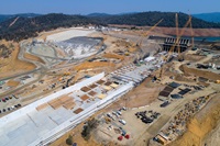 A drone provides an overview of the recovery effort on the upper chute of the Lake Oroville main spillway and the emergency spillway splashpad 