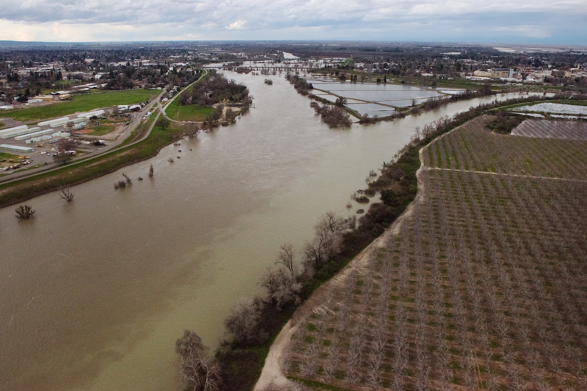This aerial view looks north toward the confluence of the Feather and Yuba Rivers just south of Marysville, California on the border of Sutter County on the left, and Yuba County on the right. Record rainfall and snow has caused high water levels along the rivers. Photo taken February 26, 2017. 