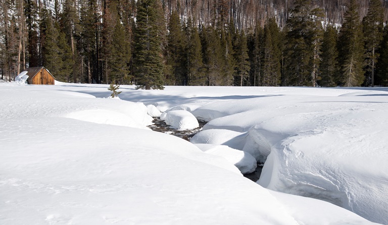 Deep snow has blanketed the meadow where the second media snow survey of the 2023 season was held at Phillips Station in the Sierra Nevada Mountains. The survey is held approximately 90 miles east of Sacramento off Highway 50 in El Dorado County. Photo taken February 1, 2023.