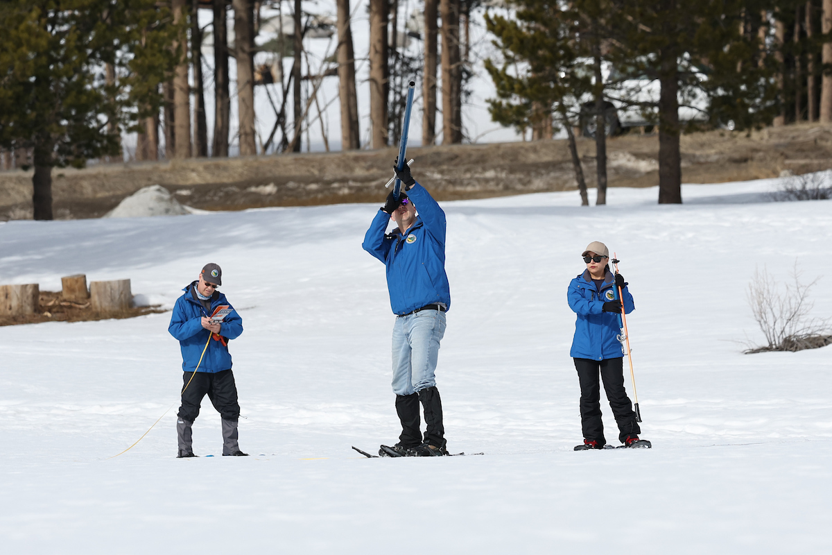 The Department of Water Resources (DWR) today conducted the second snow survey of the season at Phillips Station. The manual survey recorded 23 inches of snow depth and a snow water equivalent of 8 inches, which is 46 percent of average for this location. The snow water equivalent measures the amount of water contained in the snowpack and is a key component of DWR’s water supply forecast. Statewide, the snowpack is 59 percent of average for this date. 