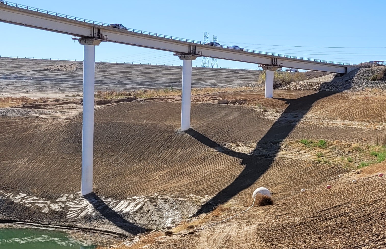 The three piers for Castaic Dam’s tower bridge were encased with a reinforced fiber wrap compound as part of seismic retrofits.