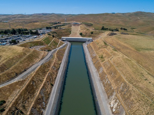 A drone provides a view of the Harvey O. Banks Delta Pumping Plant, the first major plant designed and constructed within the California State Water Project. 
