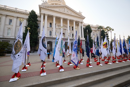 California Native American Flags at the State Capital steps.