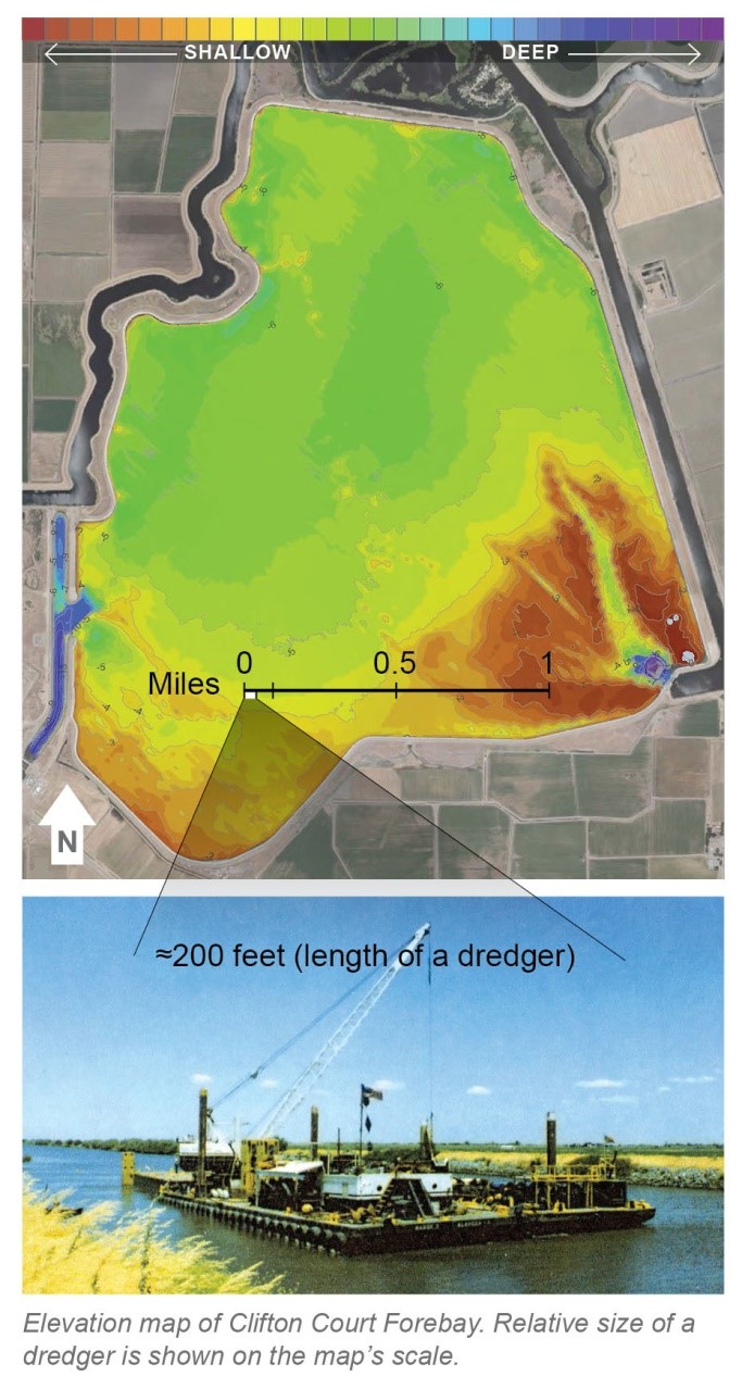 Elevation map of Clifton Court Forebay. Relative size of a dreder is shown on the map's scale. Please contact DWR if you need additional information about this map.